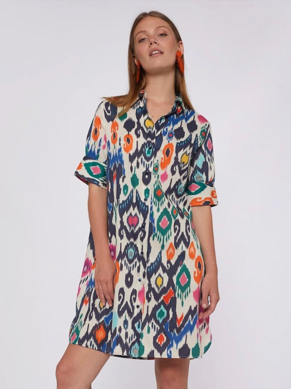 Vilagallo Hester Cotton Ikat Print Short Sleeve Button-Down Belt Shirt Dress, 8